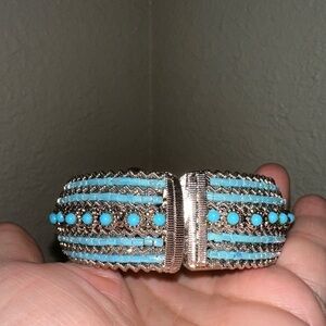 Silver Beaded bangle bracelet with turquoise beads hinged